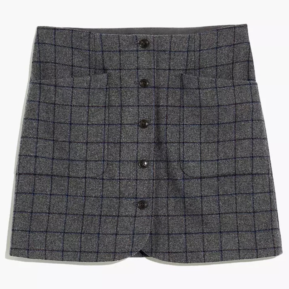 Wool Button-Front Mini Skirt in Windowpane